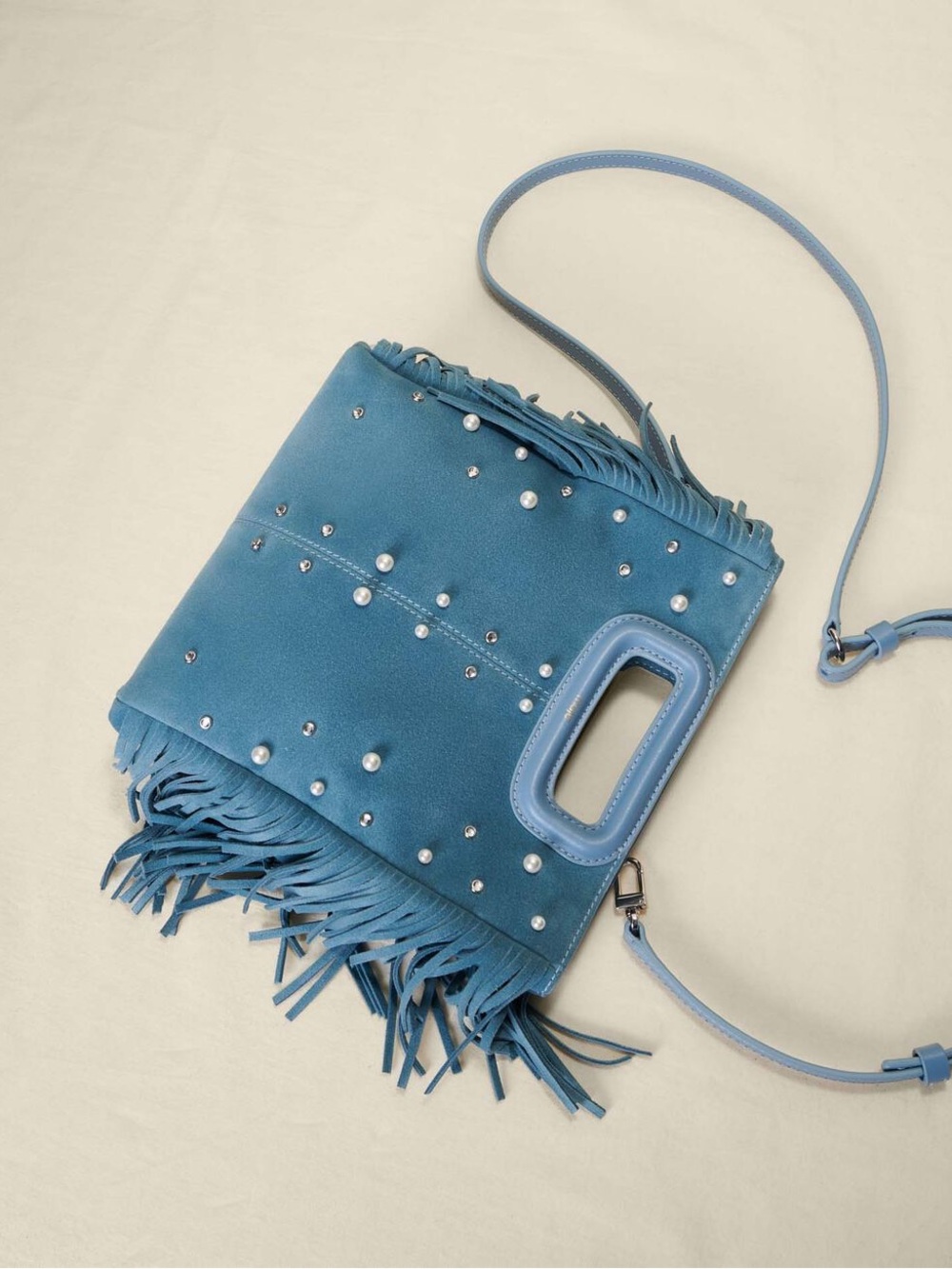 MAJE NWT BLUE SUEDE EMBELLISHED FRINGE BAG - Picture 6 of 14